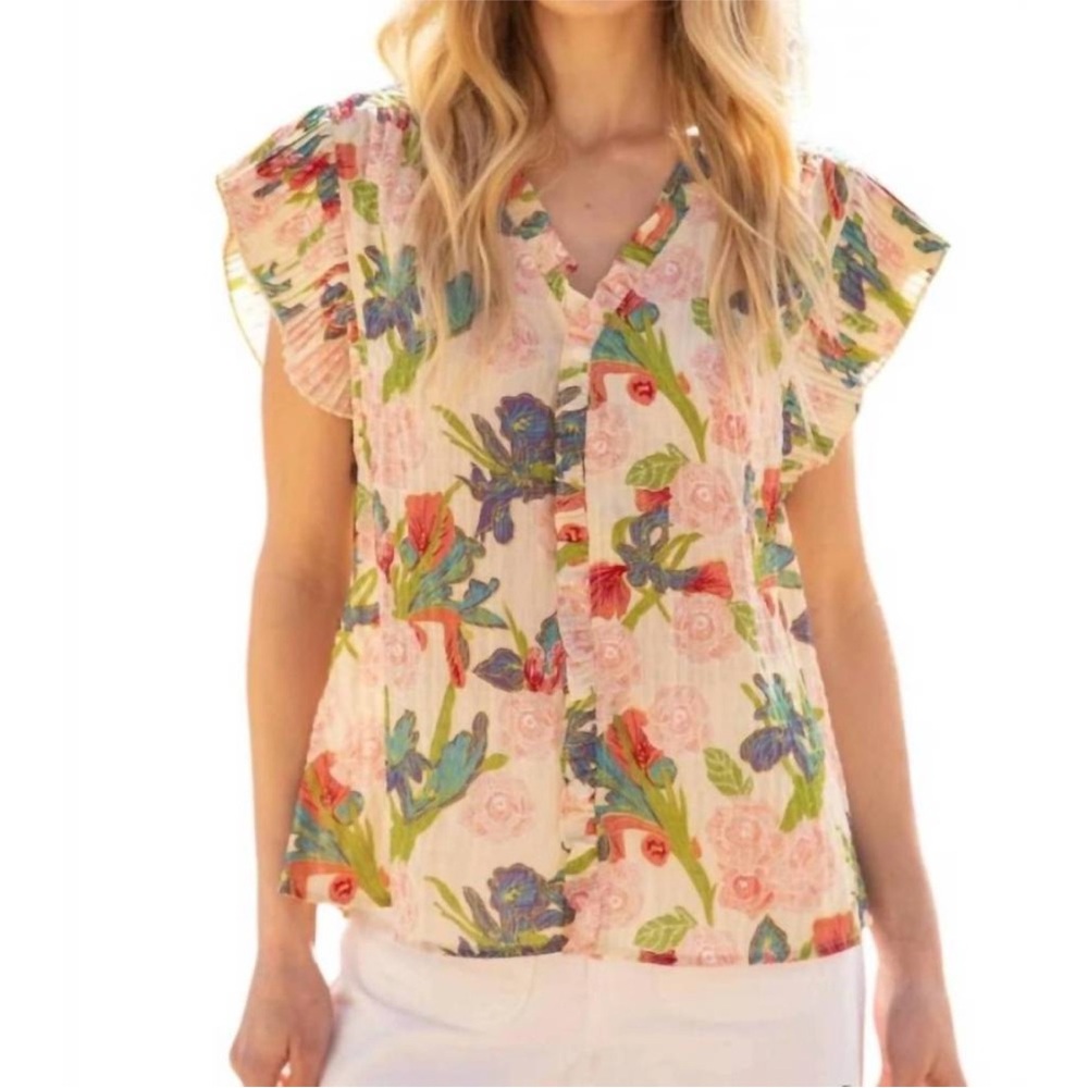 VOY Floral Flutter Sleeve‎ Top Beige Pink Ruffle Neck Pleated Sleeves Size M
